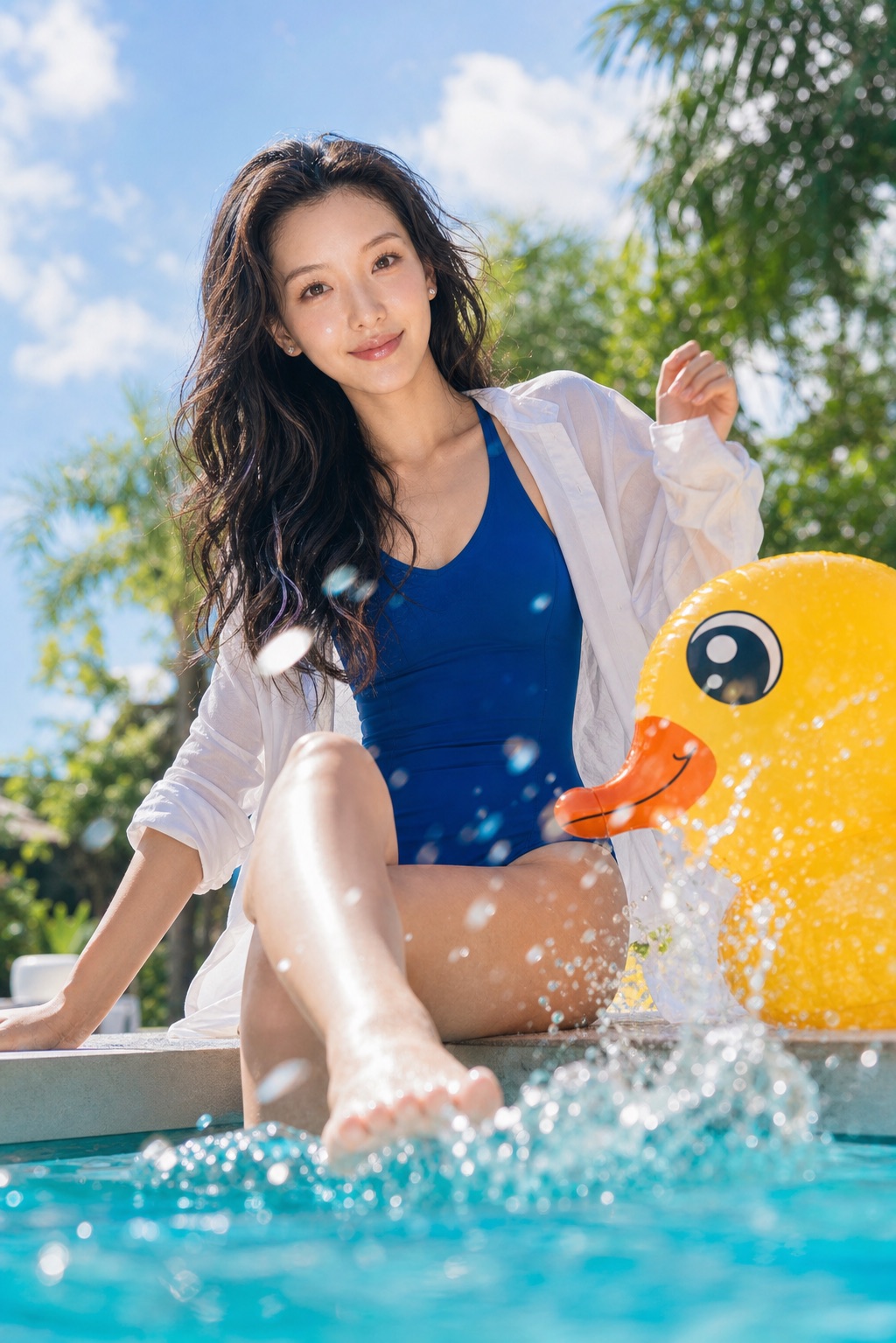 她在泳池边玩水